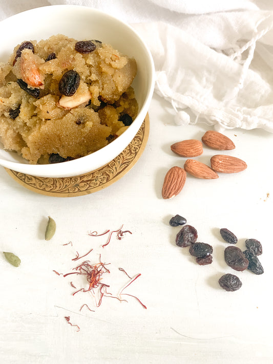 Sweet Sheera with Cardamom, almonds and raisins